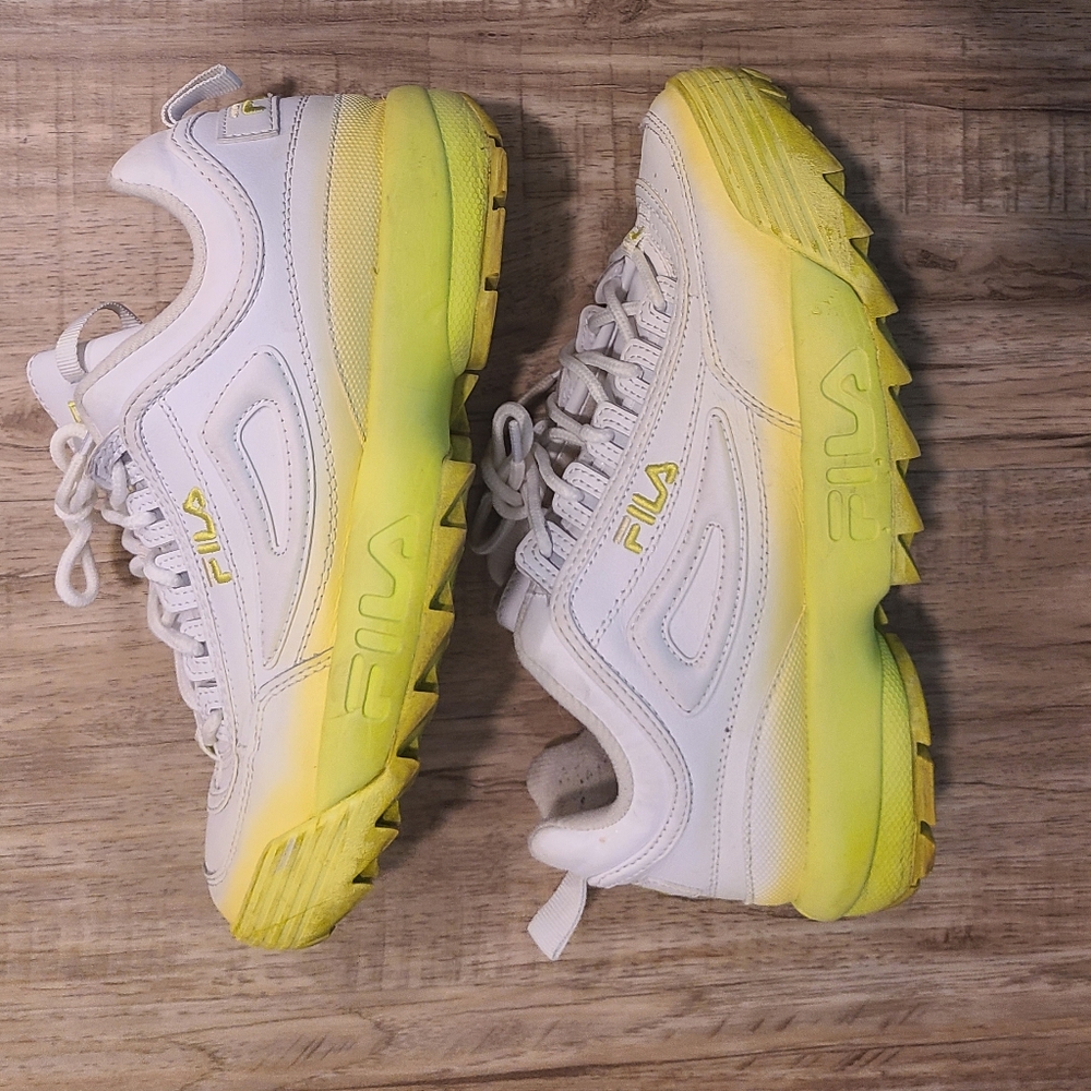 FILA Disruptor II Premium White / Neon Yellow Sneakers - Size 9 ✨